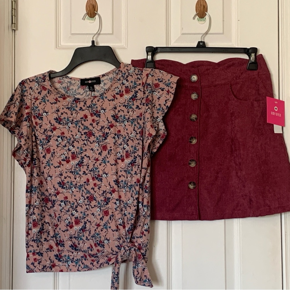 Amy Byer Girl's Size XL-16 Skirt & Top Set Ruffled Red Pink Floral New With Tags